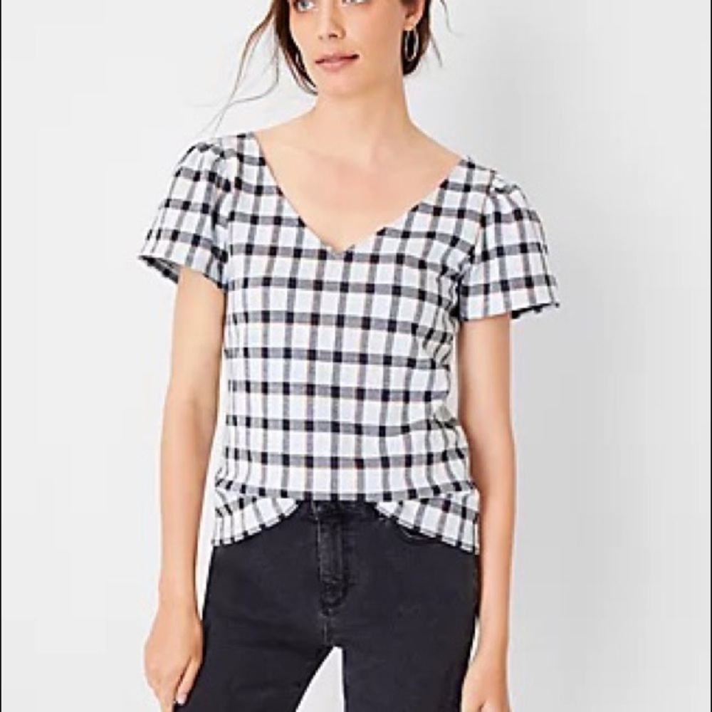 Ann Taylor Petite Plaid Puff Sleeve V-neck Tee In Quiet Blue